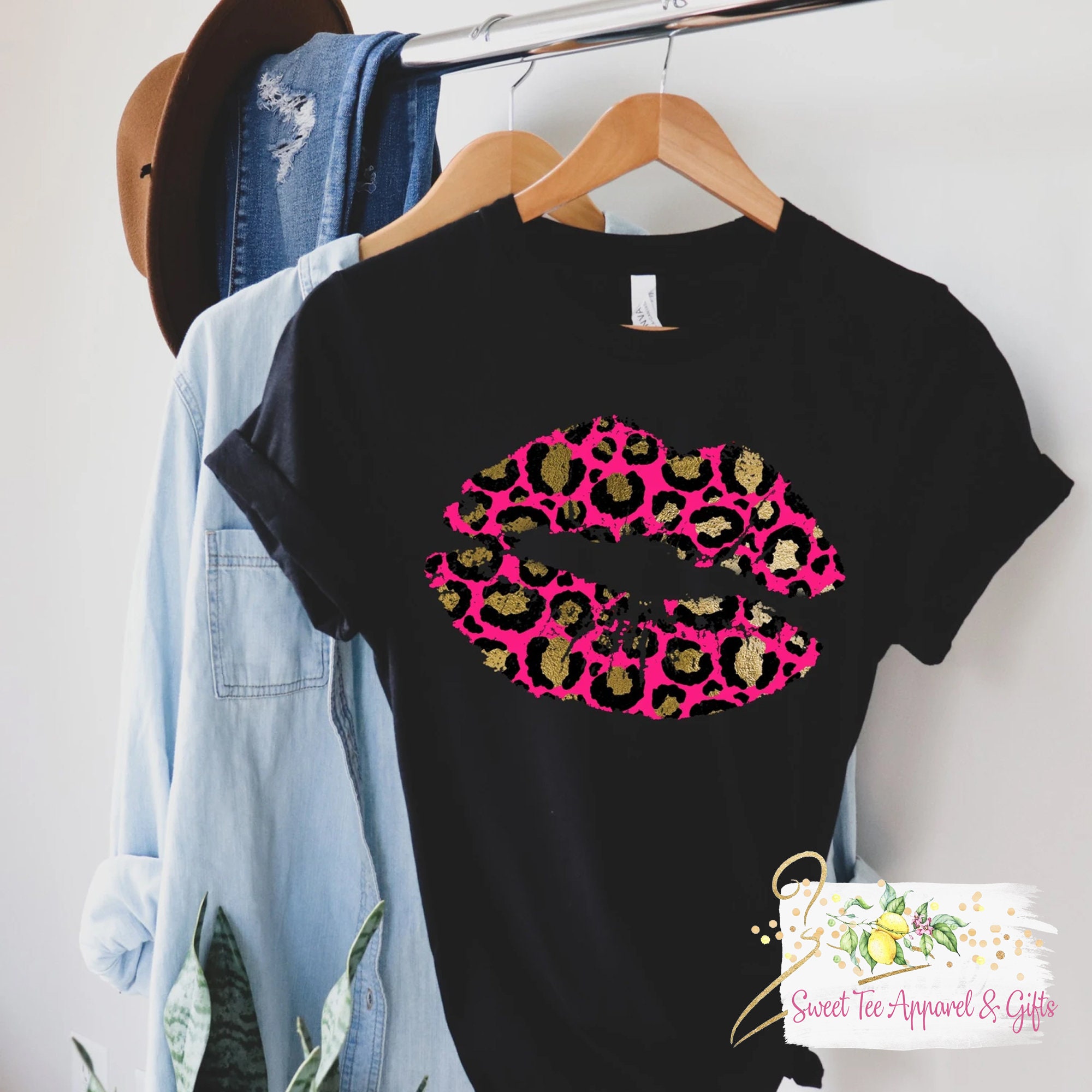 Leopard Print Lips Tshirt - Leopard Print Kiss Shirt - Pink