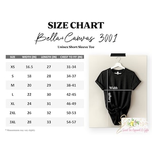 以下が含まれることがあります： ユニセックスの半袖Tシャツのサイズチャートで、XS、S、M、L、XL、2XL、3XLのサイズに対応するインチ単位の寸法を示しています。チャートには、幅、長さ、胸囲の寸法が示されています。