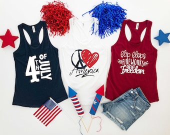 Flip flops fireworks and freedom tank top 4th of July red white and blue independence day