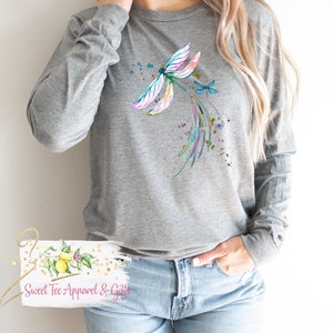 Dragonfly long sleeve t-shirt - watercolor dragonfly shirt - Colorful dragonfly shirt - Gift idea for her - Women's shirt