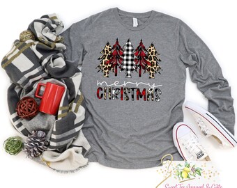 Merry Christmas Long sleeve shirt - Winter season t-shirt - Buffalo plaid pine trees - Long sleeve t-shirt - Leopard print Christmas shirt