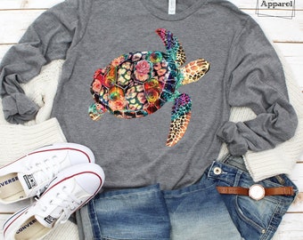 Sea turtle t-shirt - Floral sea turtles - Save the turtles - Beach shirt - Ocean beach turtle long sleeve