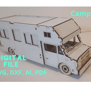 May include: White camper van model made of wood. The model is detailed with windows, a door, and a roof. The text "Camper" is printed in green at the top of the image. The text "DIGITAL FILE" is printed in green below the model. The text "SVG, DXF, AI, PDF" is printed in green below the text "DIGITAL FILE".