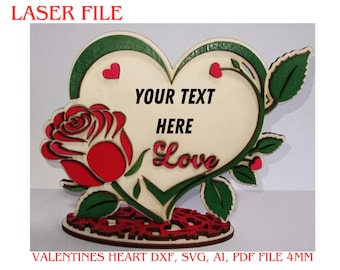 DIGITAL FILE, Double-layered heart with a rose on a base. Blank space for personalization Laser Cut, Valentines day gift File 4mm