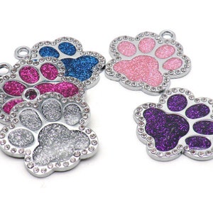 Stainless Steel Dog ID Tag Personalized Dog Tag Rhinestone Dog Tag Bling Dog Tag Stainless Steel Paw  Shaped Dog Tag With Rhinestones-A2