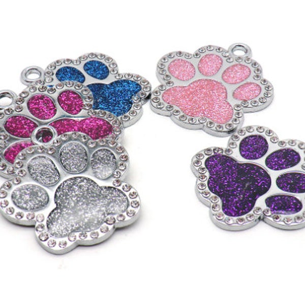 Stainless Steel Dog ID Tag Personalized Dog Tag Rhinestone Dog Tag Bling Dog Tag Stainless Steel Paw  Shaped Dog Tag With Rhinestones-A2