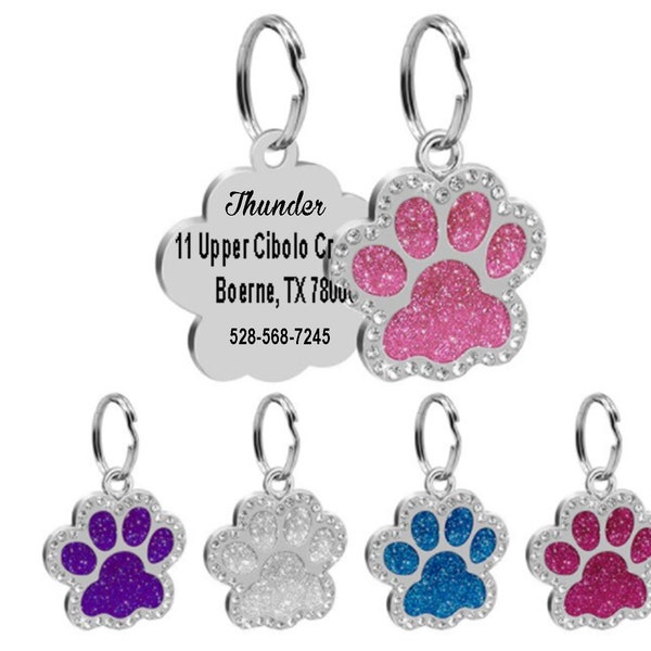 Stainless Steel Dog ID Tag Personalized Dog Tag Rhinestone Dog Tag Bling Dog Tag Stainless Steel Paw  Shaped Dog Tag With Rhinestones