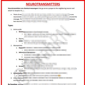 May include: A black and white educational chart with the title "Neurotransmitters". The chart explains that neurotransmitters are chemical messengers that go across synapse to the neighboring neuron and attach to receptor. The chart lists different types of neurotransmitters, including amino acids, monoamines, acetylcholine, and unconventional neurotransmitters. The chart also describes the function of neurotransmitters, including excitation, inhibition, and modulation.