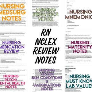 May include: A collage of colorful images with text about nursing, including notes on medsurg, pediatrics, maternity, medication review, mental health, viruses, skin conditions, vaccinations, and lab values. The text is in a bold, handwritten style.