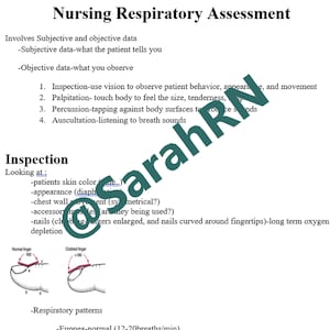 May include: A diagram showing the difference between a normal finger and a clubbed finger. The normal finger has a 160-degree angle between the nail and the finger, while the clubbed finger has an angle greater than 180 degrees. This is a visual aid for a nursing respiratory assessment.