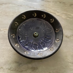 Black Clay or Raku Fired Incense Holder Dish With Butterflies and Moons - Signed