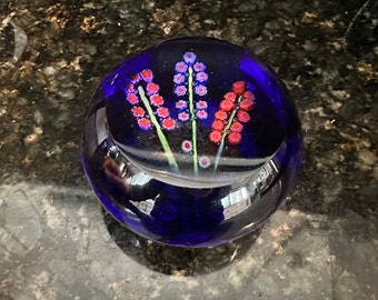 Blue Art Glass Paperweight With Flat Glass Top and Millefiori