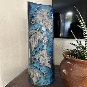 Eturia Arte of Nove Vicenza Ceramic Blue Glaze Vase With Lava Texture Leaves - Italy