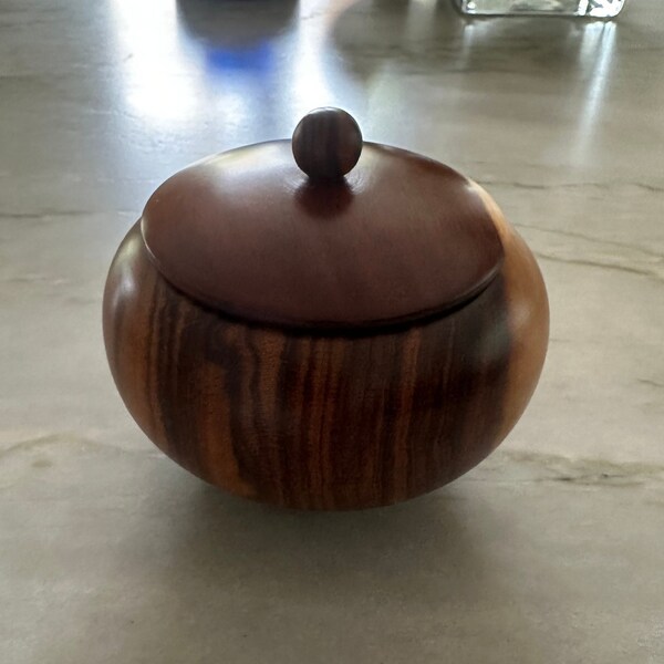 Small Turned Wood Round Trinket Box or Bowl With Lid