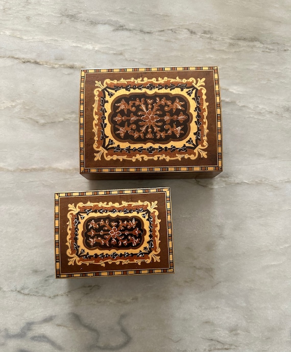 Inlaid Wood Hinged Nesting Boxes - Two Boxes In To