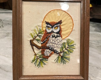 Framed Crewel Needlework With Owl On Branch