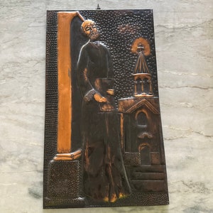 MCM Large Brass Copper Wall Plaque With Church and Religious Figure