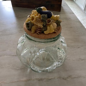 Large Vintage Italglass Pumpkin-Shaped Glass Canister With Cork Lid Adorned With Pasta and Vegetables - Italy