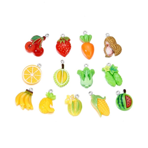 Porte-clés mixtes Fruits et légumes en résine, pendentif, breloques pour sacs, artisanat pour collier, Bracelet, accessoires de fabrication de bijoux DIY, 10 pièces/lot