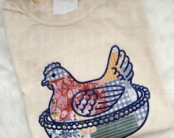 Hen on Nest Embroidered T-shirt, Custom Embroidered Shirt, Spring, Vintage, Grandmacore, Comfort Colors