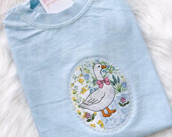 Embroidered Spring Goose Frame T-Shirt, Custom Embroidery, Spring Shirt, Grandmacore Vibes, Cottagecore, Comfort Colors Shirt *Customizable*