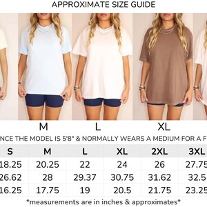 May include: A size guide displays various t-shirts in different colors, including cream, light blue, white, brown, and white. The shirts are modeled on a person wearing navy blue shorts. The guide provides measurements in inches for width, length, and sleeve length, ranging from size S to 4XL.