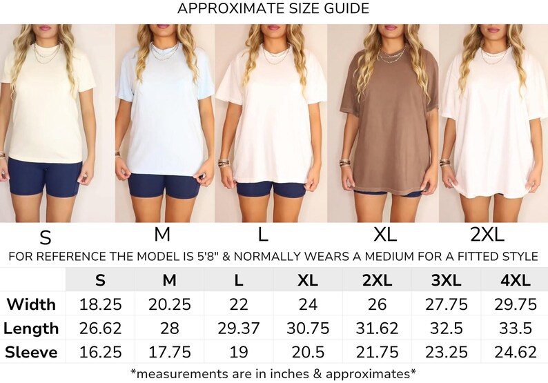 May include: A size guide displays various t-shirts in different colors, including cream, light blue, white, brown, and white. The shirts are modeled on a person wearing navy blue shorts. The guide provides measurements in inches for width, length, and sleeve length, ranging from size S to 4XL.
