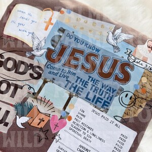 May include: Brown t-shirt with a collage design featuring religious imagery. Includes the text "Do You Know Jesus", doves, a cross, and a receipt that says "Jesus Paid It All".