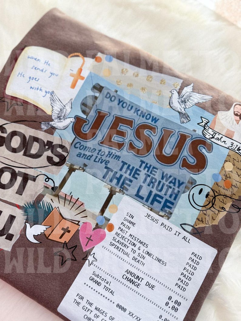 May include: Brown t-shirt with a collage design featuring religious imagery. Includes the text "Do You Know Jesus", doves, a cross, and a receipt that says "Jesus Paid It All".