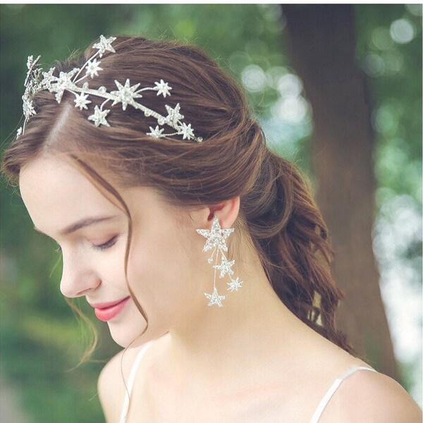 Crystal Star Crown Diadema Silver Plating Celeste Corona y Pendientes de Boda Tocado Bridal Star Crown Star Earring Set Bridal Joyería Nupcial