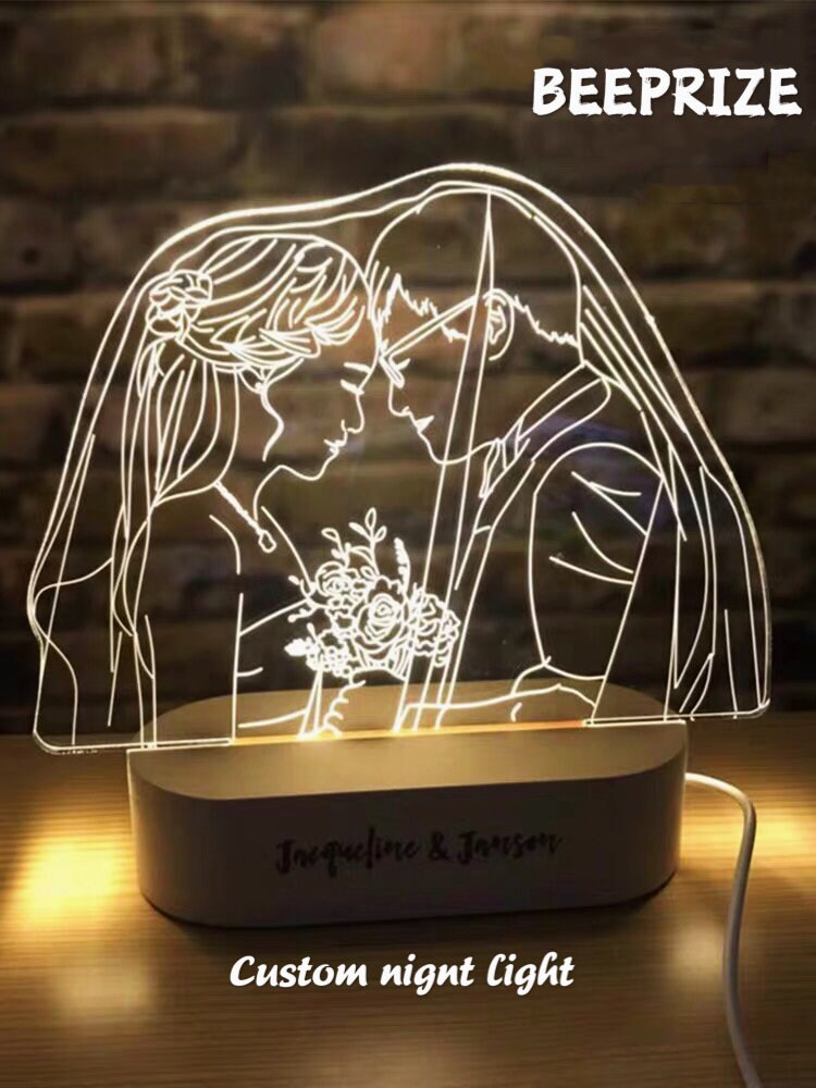 Personalized Custom Photo 3D Lamp Engraving Text Wedding Anniversary Christmas Birthday Gift Wood Ba