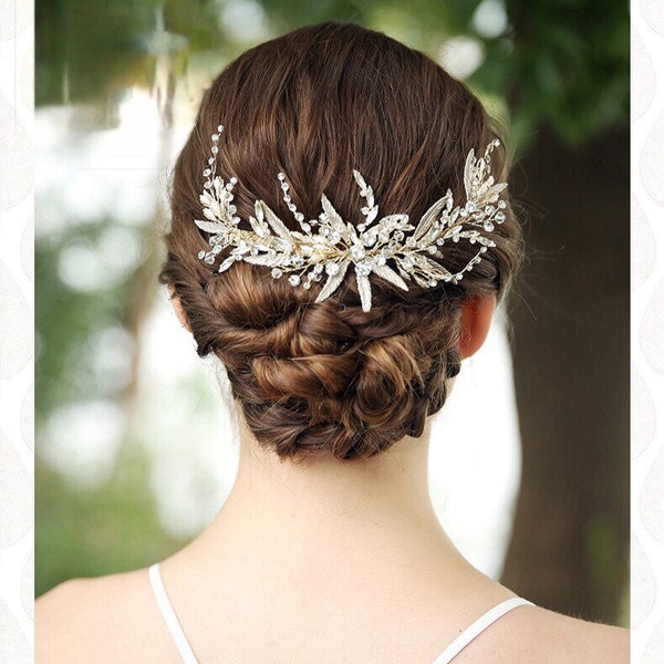 Peigne à cheveux de mariage cristal et feuilles argentées, Bijou de cheveux floral de mariée, Peigne à cheveux strass