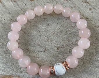 Rose Quartz + Howlite | 8mm Gemstone Beaded Stretch Bracelet | Heart Chakra | Crystals | Love | Rose Gold Beads | Bridesmaid Gifts | Pink