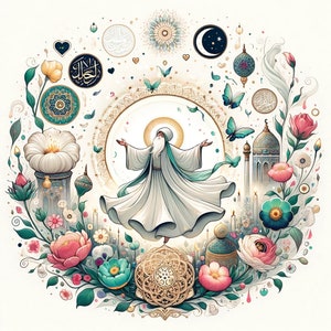 Può includere: Un'illustrazione colorata di un derviscio roteante con una tunica bianca, circondato da fiori, stelle e motivi geometrici. L'immagine presenta calligrafia araba e una moschea sullo sfondo.
