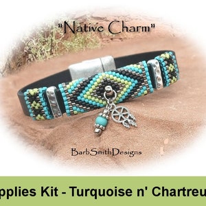 May include: A beaded bracelet with a black leather strap and silver-tone details. The beadwork displays turquoise, chartreuse, and black geometric patterns. A charm with a dreamcatcher and turquoise bead hangs from the bracelet. Text on the image reads "Native Charm".