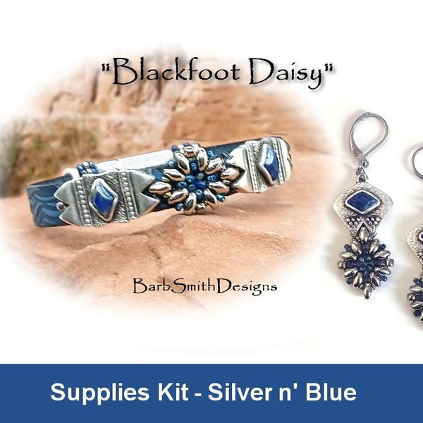 Supplies Kit (Tutorial Sold Separately)-"Blackfoot Daisy" Bracelet & Earrings Kit-Embossed Blue Leather-Magnetic Clasp-Silver n' Blue (SBL)