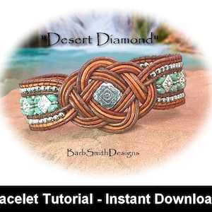 May include: A leather bracelet with a knotted design and turquoise and silver beads. The bracelet is called "Desert Diamond" and is a tutorial for making the bracelet.