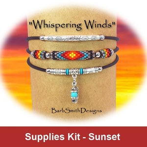 May include: A beaded bracelet kit with black leather cord, silver beads, and a turquoise feather charm. The kit is called "Whispering Winds" and is for a sunset design.