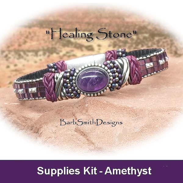 Supplies Kit (Tutorial Sold Separately)-"Healing Stone" Bracelet Kit - Amethyst Gemstone-Flat Leather-Half Tila Beads-Amethyst (AMT)