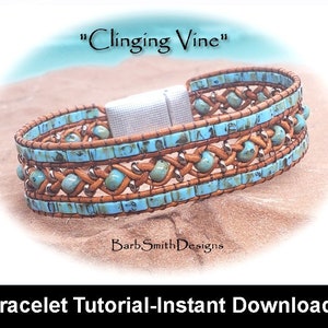 May include: A turquoise and brown leather bracelet with a silver clasp. The bracelet is made with small turquoise beads and leather strips. The bracelet is called "Clinging Vine" and is a tutorial for making the bracelet.