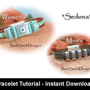 May include: Two leather bracelets with metal clasps and beads. The bracelet on the left has turquoise and brown beads, while the bracelet on the right has brown beads. The bracelets are labelled "Women's" and "Men's" respectively. The text "Sedona" is also visible in the image.