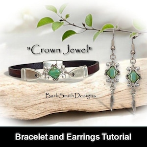 May include: A brown leather bracelet and matching earrings with silver-toned metal accents and turquoise-coloured stones. The bracelet and earrings are displayed on a wooden surface. The text "Crown Jewel" is above the bracelet. The text "Bracelet and Earrings Tutorial" is below.