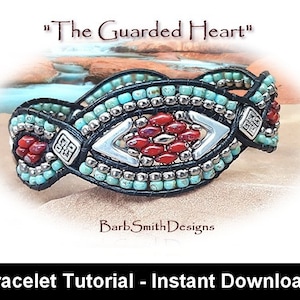 May include: A beaded leather bracelet featuring turquoise and red beads, silver accents, and a silver charm with a geometric design. The bracelet is titled "The Guarded Heart" and is described as a bracelet tutorial with an instant download.
