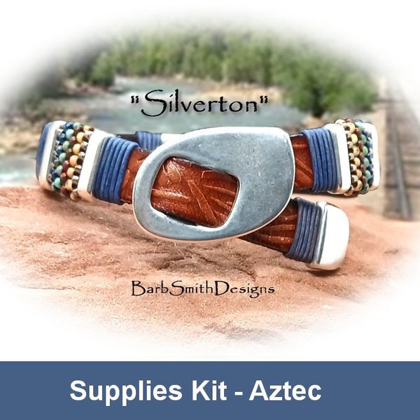 Supplies Kit -"Silverton" Beaded Leather Bracelet Kit-Slant Buckle-10mm Embossed Leather-Multi-Picasso Beads-Magnetic Clasp-"Aztec" (AZT)