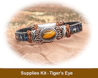 Supplies Kit (Tutorial Sold Separately)-"Healing Stone" Bracelet Kit-Tiger's Eye Gemstone-Flat Leather-Half Tila Beads-Tiger's Eye (TIG)