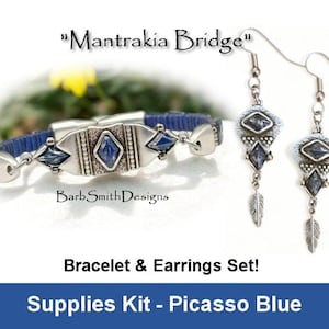 May include: A supplies kit for making a bracelet and earrings set. The kit includes blue and silver colored beads, a blue cord, and silver findings. The kit is called "Mantrakia Bridge" and is in the color "Picasso Blue".