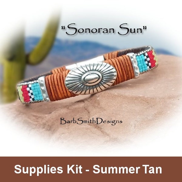 Supplies Kit -"Sonoran Sun" Beaded Leather Bracelet-Southwestern Bracelet-Colorful Delica Beads-Magnetic Clasp Choice-"Summer Tan" (TAN)