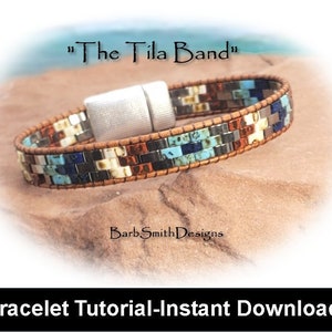 May include: A beaded bracelet with a magnetic clasp. The bracelet is made with a variety of colours, including blue, turquoise, brown, and white. The bracelet is called "The Tila Band" and is a tutorial for making the bracelet.