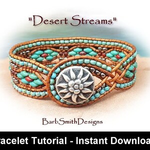 May include: A handmade wrap bracelet with turquoise, red, and silver beads woven into a brown leather band. The bracelet has a central silver-toned button with a floral design. The text "Desert Streams" and "BarbSmithDesigns" are visible.