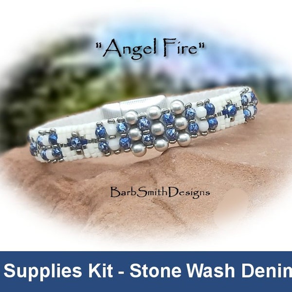 Supplies Kit -"Angel Fire" White Leather Beaded Bracelet-Fire Polish and Delica Beads-Magnetic Clasp Choiced-"Stone Wash Denim (SWD)